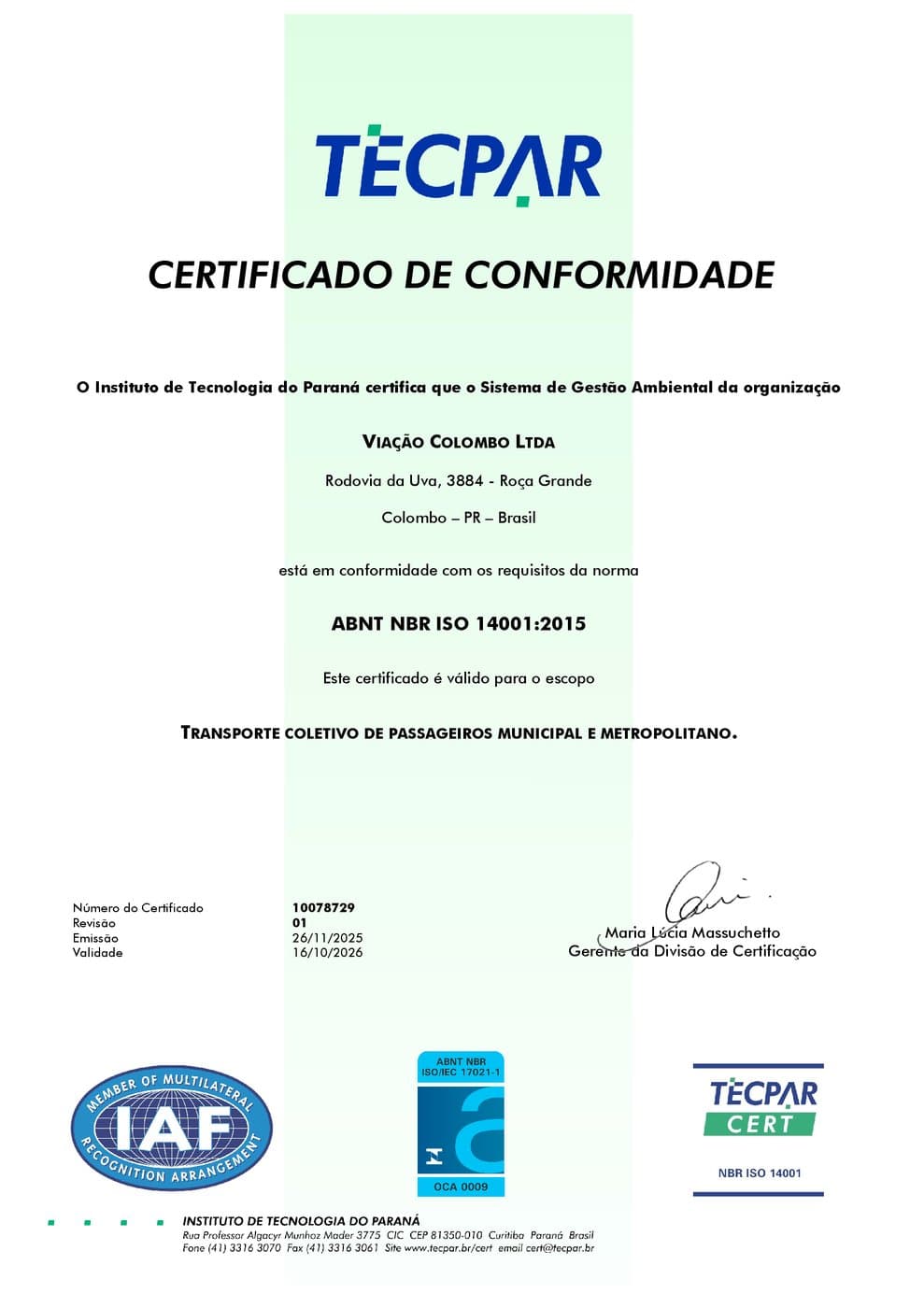 Certificado de conformidade ABNT NBR ISO 14001:2015 da Viação Colombo, emitido pelo Tecpar